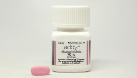 © Sprout Pharmaceuticals. Addyi is the first drug to treat any form of low sexual desire in men or women, and is thought to work by adjusting levels of the neurotransmitter serotonin in the brain. The U.S. Food and Drug Administration approved it on Aug. 18, 2015.
