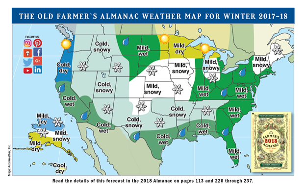 Old Farmer's Almanac Weather Map For Winter 2017-18