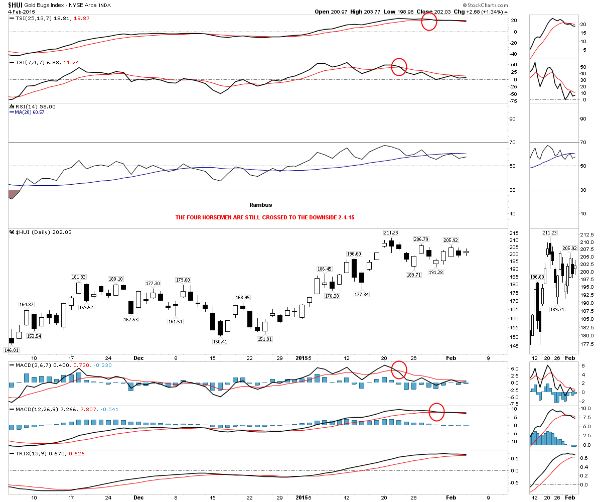 HUI Dailly: TSI, RSI, MACD and TRIX