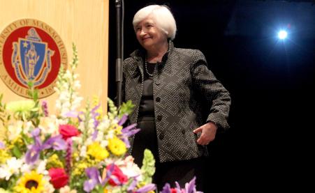 © Reuters/Mary Schwalm. U.S. Federal Reserve Chairwoman Janet Yellen smiles after stepping away from the podium at the University of Massachusetts in Amherst, Massachusetts, Sept. 24, 2015. Yellen received medical attention after struggling to finish a speech, but was reported to be OK a short time later.