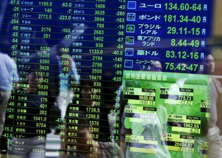 © Reuters. Passersby are reflected on a screen displaying stock quotation, the stock market indexes of various countries at a brokerage in Tokyo, Sept. 29, 2015. Asian shares headed higher Thursday.