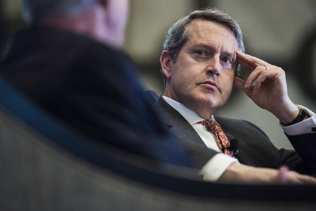 © Bloomberg. Randal Quarles, vice chairman of supervision at the Federal Reserve, listens during a panel discussion at the National Association of Business Economics' (NABE) Economic Policy Conference in Washington, D.C., U.S. on Monday, Feb. 26, 2018. Quarles offered an optimistic view of the U.S. economy, suggesting it may be on the cusp of a sustained period of faster growth and reaffirming his support for 