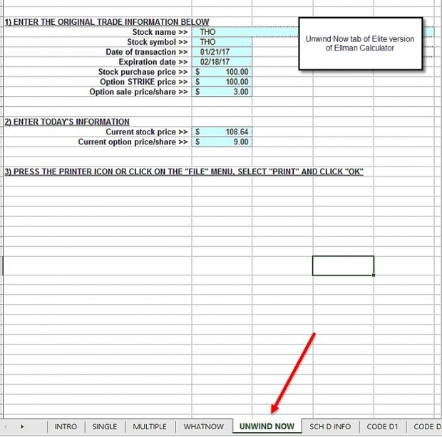 THO Input into the “Unwind Now’ tab of the Ellman Calculator