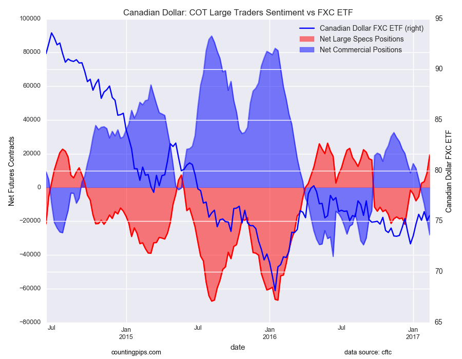Canadian Dollar: COT Large Traders Sentimenst Vs FXC ETF Chart