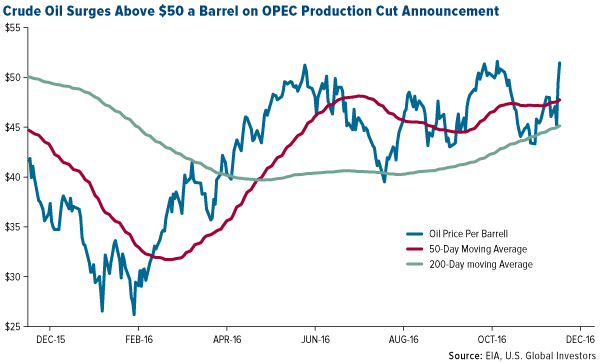 Oil surges above $50 on OPEC production cut announcement