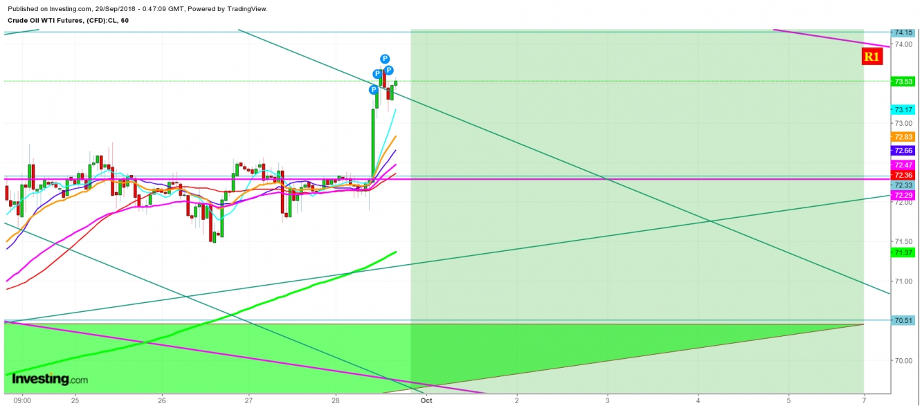 WTI Crude Oil  1 Hr. Chart - Expected Trading Zones For September 30th, 2018