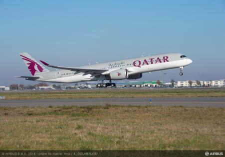 © Airbus. The first A350 XWB delivered to Qatar Airways takes off for a media flight on 22 December 2014 in Toulouse, France.