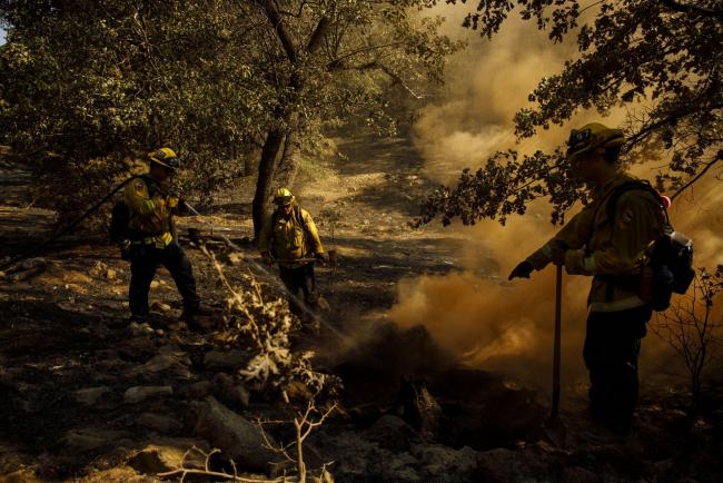 © Bloomberg. Firefighters extinguish a hot spot while working to contain the Apple Fire in Yucaipa, California on Aug. 4. Photographer: Patrick T. Fallon/Bloomberg