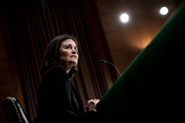 © Bloomberg. Judy Shelton, U.S. President Donald Trump's nominee for governor of the Federal Reserve, speaks during a Senate Banking Committee confirmation hearing in Washington, D.C., U.S, on Thursday, Feb. 13, 2020. Shelton, a former economic adviser to Trump's campaign, has challenged whether the institution should regulate the value of money and whether its mandate, as set by Congress.