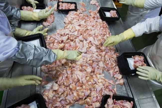 © Bloomberg. Employee package sliced chicken legs and wings at the Harim Co. factory in Iksan, South Korea, on Monday, June 29, 2015.  Photographer: SeongJoon Cho/Bloomberg
