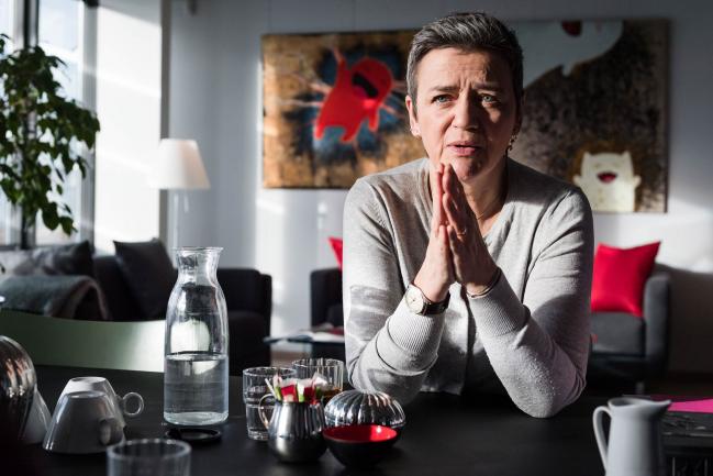 © Bloomberg. Margrethe Vestager, competition commissioner of the European Commission, speaks during an interview in her office in Brussels, Belgium, on Tuesday, Feb. 25, 2020. Photographer: Geert Vanden Wijngaert/Bloomberg