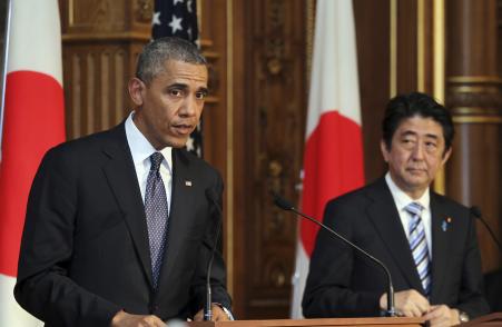 © Reuters/Larry Downing. President Barack Obama at a news conference with Japan's Prime Minister Shinzo Abe at the Akasaka Palace in Tokyo, April 24, 2014, amid his campaign to get the Trans-Pacific Partnership through Congress. Japan is by far the second-largest of the countries in the proposed pact, representing 20 percent of the total gross domestic product of the 12 TPP countries.