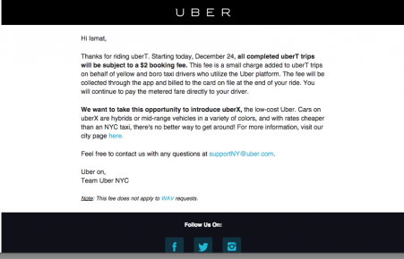 © Screenshot of email from Uber. The email Uber sent New York City customers, including this reporter, on Wednesday.