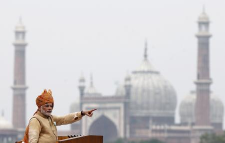 © Reuters/Adnan Abidi. Indian Prime Minister Narendra Modi addresses the nation from the historic Red Fort during Independence Day celebrations in Delhi, India, August 15, 2015.