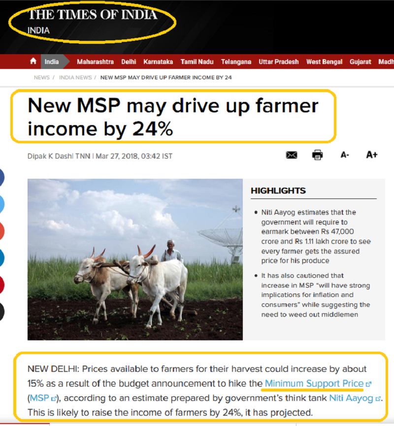 The Times Of India On MSP Farm Income Project