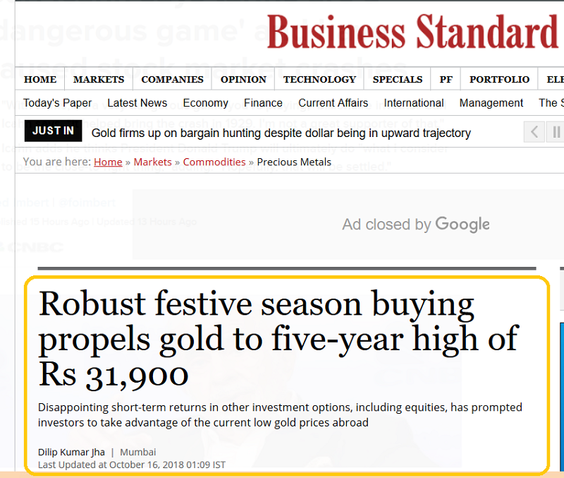 Business Standard On Gold's Seasonal Buying