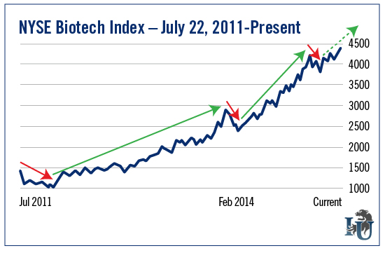 NYSE Biotech Index July 22 2011 to Present chart