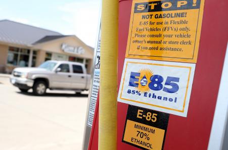 © Justin Sullivan/Getty Images. A decal advertising E85 ethanol fuel is displayed on a gasoline pump at a service station on Aug. 7, 2012, in Johnston, Iowa.