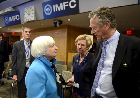 © Reuters/Mike Theiler. Janet L. Yellen (left), chair of the U.S. Federal Reserve Board, chats with Olivier Blanchard, an official of the International Monetary Fund, during the annual spring meetings of the IMF and World Bank in Washington April 18, 2015.